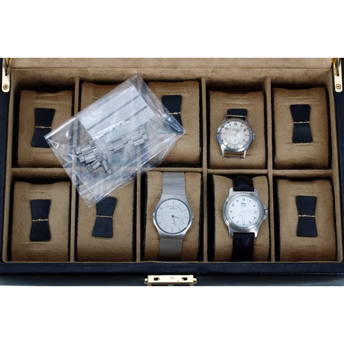 407 - Ten piece watch storage box containing three wristwatches including Skagen, Lacoste, Kered; also som... 