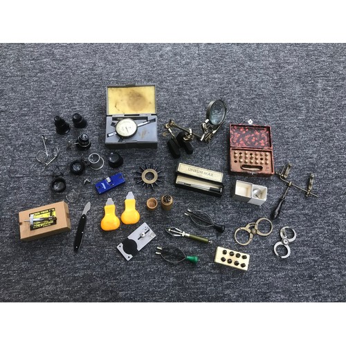 924 - Quantity of watchmakers tools to include case openers, loupes, magnifiers, Bergeon-Vigor crystal lif... 