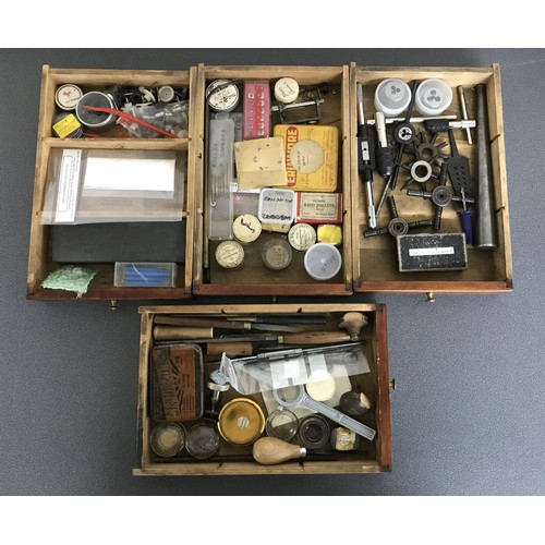 926 - Fourteen drawer wooden chest containing a quantity of assorted watch makers tools and parts/spares t... 