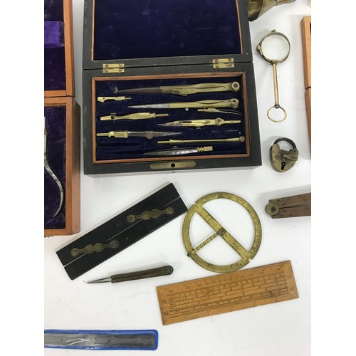 929 - Two cased sets of antique writing/drawing instruments; together with a cased set of plier tools and ... 