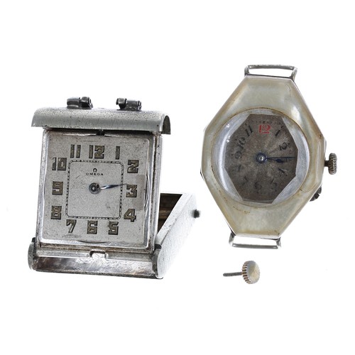 424 - White metal travel purse watch for repair, silver dial signed Omega, 36mm x 31mm; together with an o... 