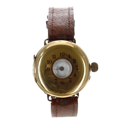 347 - Early 20th century 18ct half hunter wire-lug wristwatch, enamel dial with Arabic numerals and minute... 