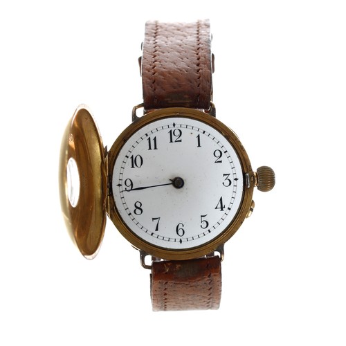 347 - Early 20th century 18ct half hunter wire-lug wristwatch, enamel dial with Arabic numerals and minute... 