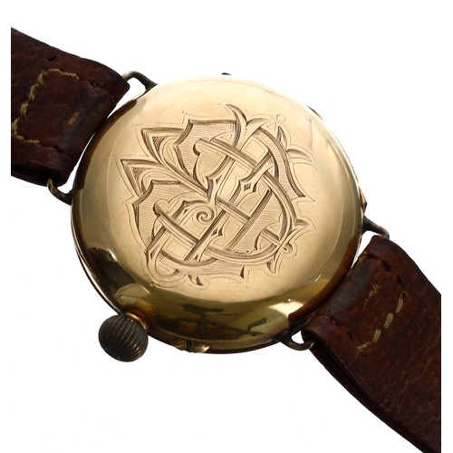 347 - Early 20th century 18ct half hunter wire-lug wristwatch, enamel dial with Arabic numerals and minute... 