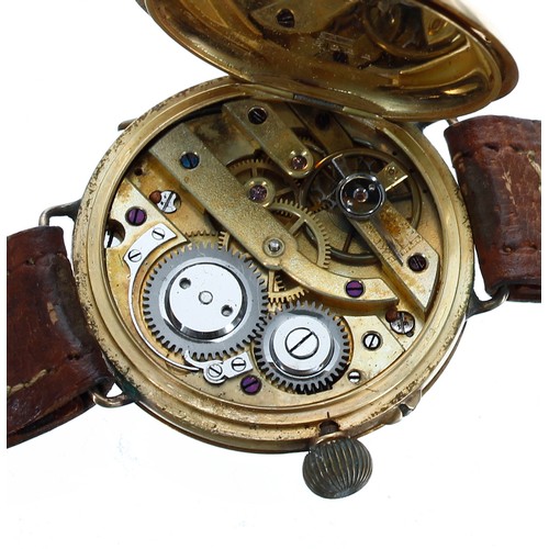 347 - Early 20th century 18ct half hunter wire-lug wristwatch, enamel dial with Arabic numerals and minute... 