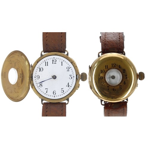 347 - Early 20th century 18ct half hunter wire-lug wristwatch, enamel dial with Arabic numerals and minute... 