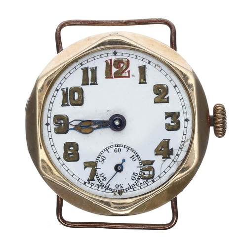 422 - Interesting early 9ct wire-lug wristwatch, the case back with inscription of Military interest and d... 