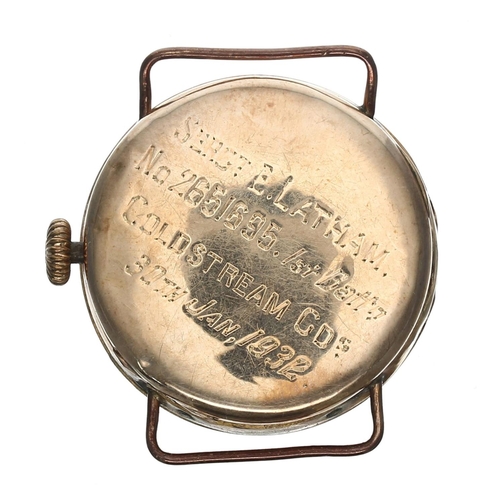 422 - Interesting early 9ct wire-lug wristwatch, the case back with inscription of Military interest and d... 