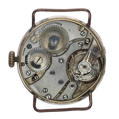 422 - Interesting early 9ct wire-lug wristwatch, the case back with inscription of Military interest and d... 