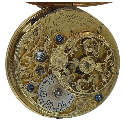 683 - English 18th century gilt metal verge pocket watch, the fusee movement signed Geo. Lindsay, Ser.t to... 