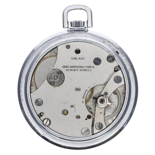 750 - Oris chrome cased dress pocket watch, signed cal. 421 7 jewel movement, signed silvered dial with Ar... 