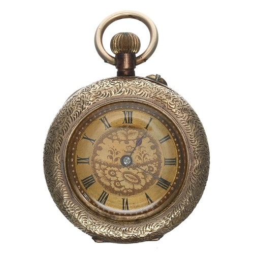 879 - 9ct cylinder fob watch for repair, inscribed metal cuvette, gilt Roman numeral dial, 27.2gm, 34mm... 