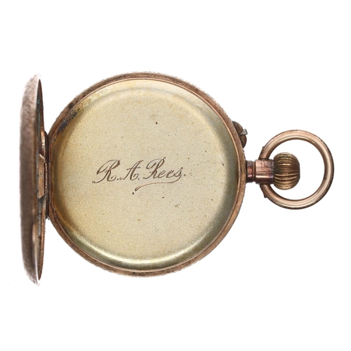 879 - 9ct cylinder fob watch for repair, inscribed metal cuvette, gilt Roman numeral dial, 27.2gm, 34mm... 