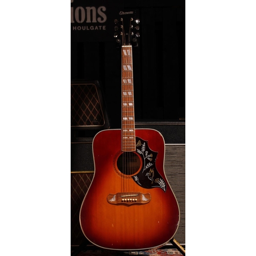 513 - 1970s Columbus Hummingbird copy acoustic guitar, made in Japan; Body: sunburst finish, scuffs to tre... 