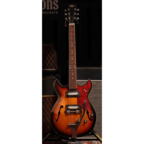 519 - 1960s Teisco double cut hollow body electric guitar, made in Japan; Body: sunburst finish, dings and... 