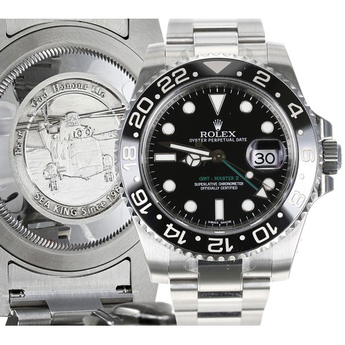 Rare Rolex Oyster Perpetual Date GMT-Master II 'Sea-King' Military Limited Edition stainless steel gentleman's wristwatch, reference no. 116710LN, serial no. 52C7xxxx, circa 2013, limited edition no. 1xx/123, black dial with black inserted rotating bezel, cal. 3186 31 jewel movement, the case back with Sea King helicopter engraving, Oyster bracelet with flip-lock clasp, 40mm 