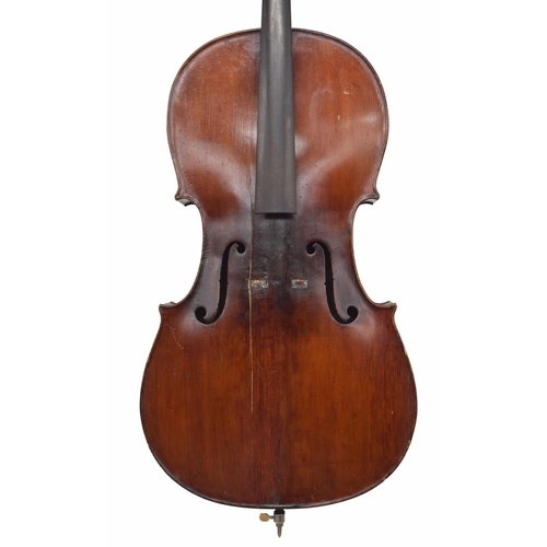 2508 - Early 20th century violoncello in need of restoration to the table, with bass bar and sound post cra... 