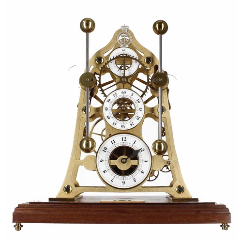 1555 - Good modern brass grasshopper triple dial skeleton clock by The Greenwich Clock Co. London, the prin... 