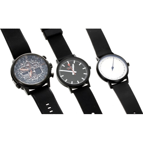 390 - Three gentleman's wristwatches to include Mondaine, quartz, 41mm; Slow, quartz, 40mm; Citizen Eco-Dr... 