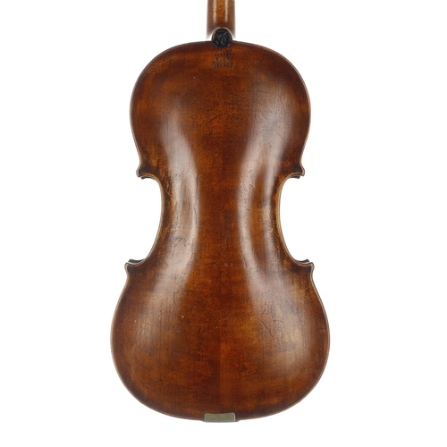 2408 - 19th century violin stamped Norman Duke, London below the button with wax seal, inked purfling, 14 1... 