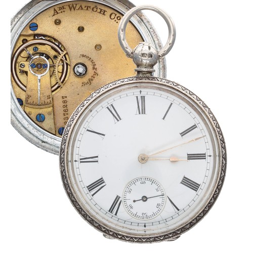 538 - American Waltham silver lever fob watch, circa 1884, signed movement, no. 2376287, hinged cuvette, t... 