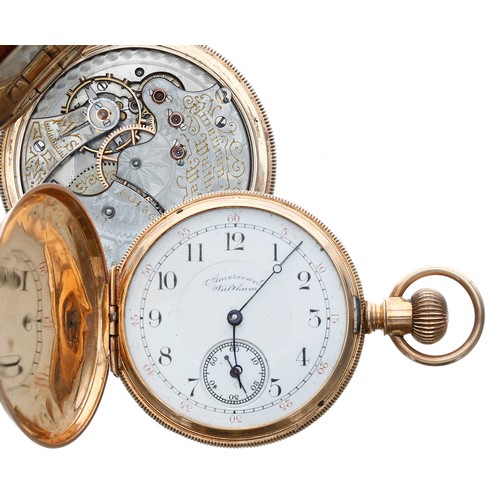 553 - American Waltham 14ct lever hunter fob watch, circa 1893,serial no. 6013610, signed movement with sa... 