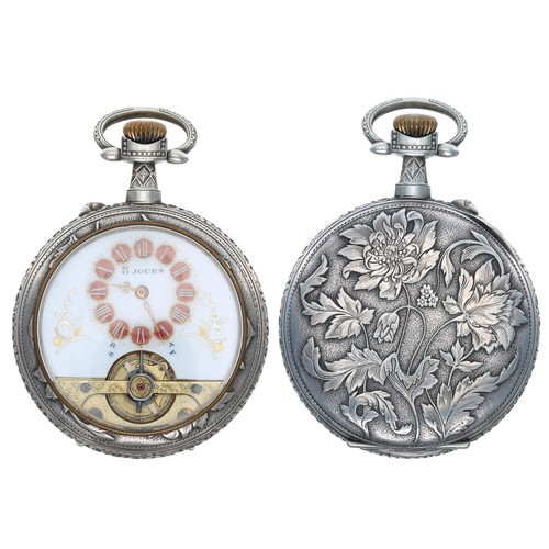 564 - Hebdomas style 8 days white metal floral embossed pocket watch, the decorated dial with red enamelle... 