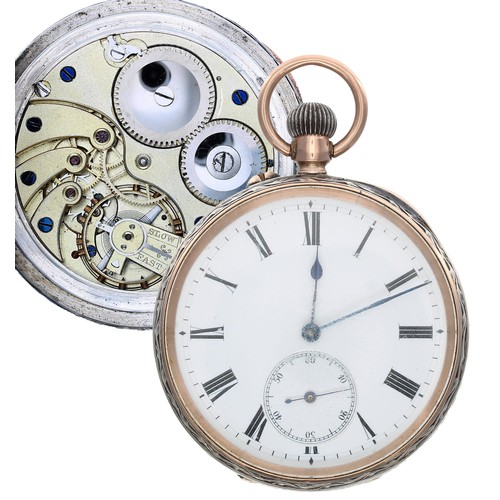 566 - Silver (0.935) and gold lever pocket watch, unsigned frosted movement with compensated balance and r... 