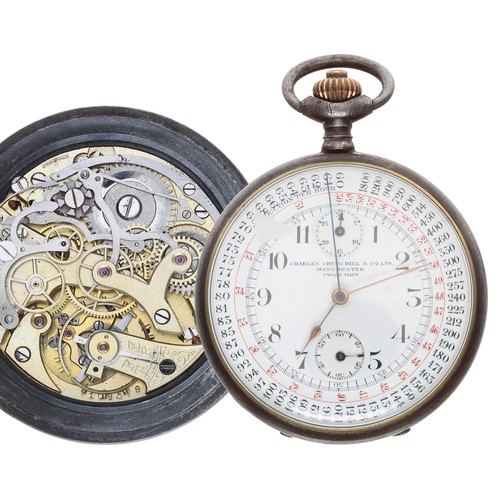 571 - Swiss gunmetal single push button centre seconds chronograph lever pocket watch, gilt frosted moveme... 