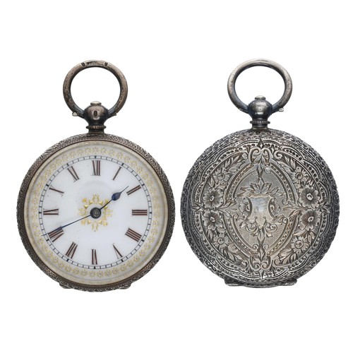 574 - Attractive silver (0.935) cylinder engraved fob watch, bar movement with gilt three arm balance and ... 