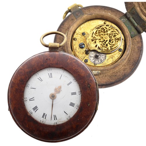 591 - Unusual English 18th century verge burr wood cased pocket watch, the fusee movement signed Thos Powe... 