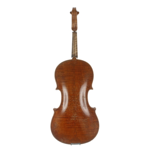 2037 - Early 20th century German violin with double purfled decorative geometric inlay to the table and bac... 