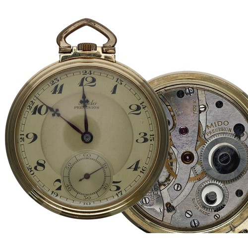 599 - Mido Precision 14ct dress pocket watch, 16 jewel adjusted three position lever movement, gilded dial... 