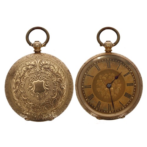 610 - Swiss 18ct cylinder engraved fob watch examined by J.W. Benson, signed metal hinged cuvette, gilt di... 