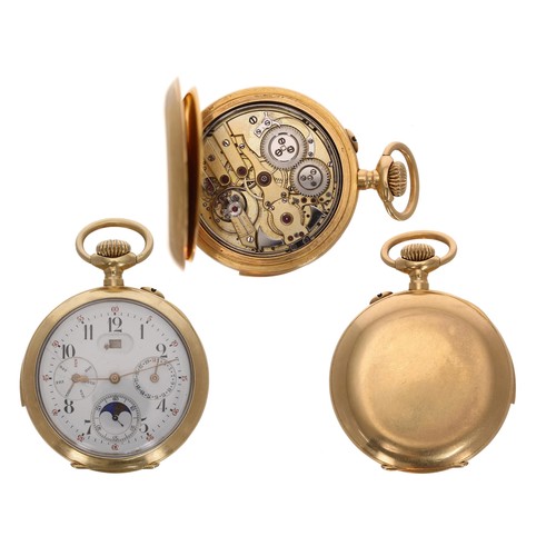 Swiss 18ct minute repeating calendar pocket watch with moon phase, unsigned gilt frosted jewelled lever movement with hammers striking on gongs, the dial with black Arabic numerals, outer red Arabic chapter subsidiary date, day and month apertures with moon phase and constant seconds, 120.5gm, the case with case number 3005, 52mm (the movement strikes correctly but requires hour hand adjustment - see condition report)