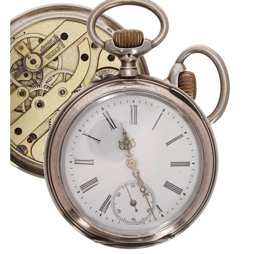 614 - Minerva silver (0.800) cylinder pocket watch, signed gilt frosted bar movement, inscribed hinged cuv... 