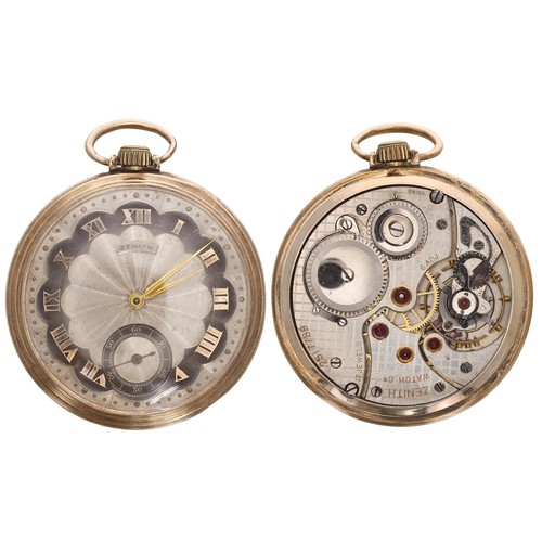 618 - Zenith 10k rolled gold lever pocket watch, signed 17 jewel 6 adj. movement, no. 2517789,  with compe... 