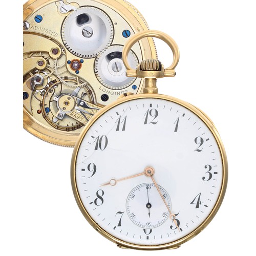 623 - Longines 18ct lever pocket watch, signed gilt frosted adjusted movement with compensated balance and... 