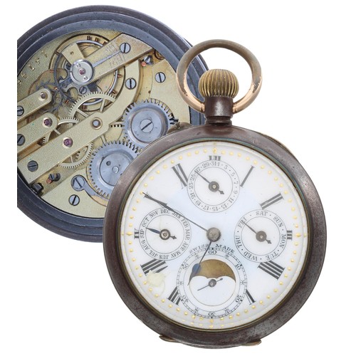 625 - Swiss gunmetal calendar pocket watch, the bar lever movement, no. 15796, with compensated balance an... 