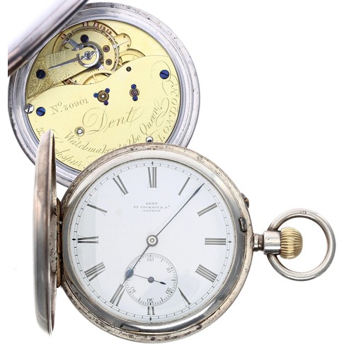 626 - Victorian silver lever hunter pocket watch by Dent, London, London 1891, gilt three quarter plate mo... 