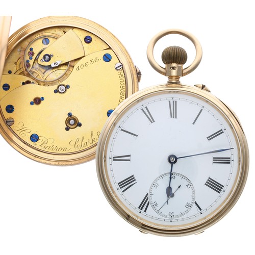 627 - Edwardian 18ct lever pocket watch, London 1903, gilt frosted movement signed H. Barron Clarke, Bosto... 