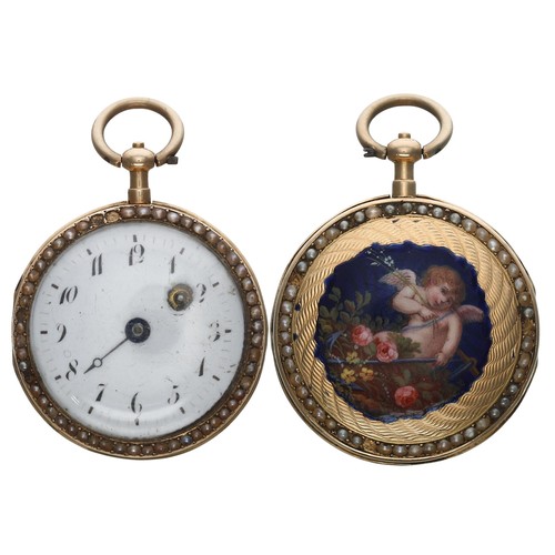 662 - Attractive 19th century gold, enamel and seed pearl verge fob watch, the movement with pierced balan... 