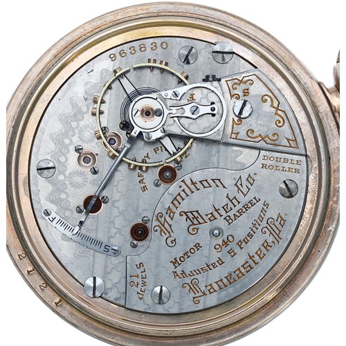 555 - Hamilton Watch Co. 10k gold filled lever set pocket watch, signed 940 21 jewel adjusted 5 positions ... 