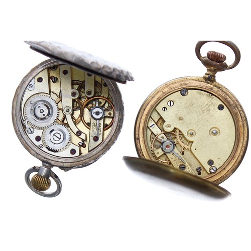 876 - Silver (0.935) and enamel cylinder engraved fob watch for repair, 35mm; together with a gilt metal c... 