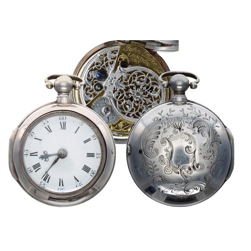 697 - Late 18th century English verge silver pair cased pocket watch, London 1799, the fusee movement sign... 