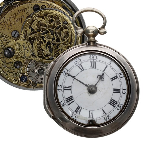 716 - English 18th century silver pair cased verge pocket watch, London 1764, the fusee movement signed Th... 