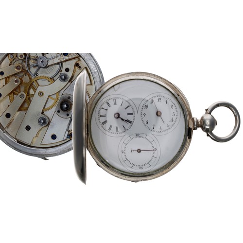 717 - Interesting white metal dual-time hunter pocket watch, unsigned lever movement, the cuvette branded ... 