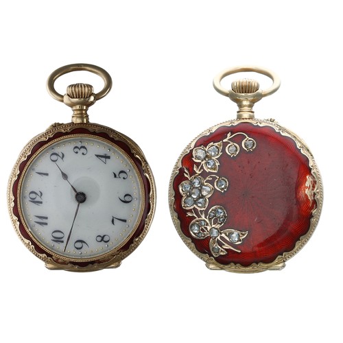 739 - Attractive Continental 18ct, enamel and diamond lever fob watch, gilt bar movement, 18ct cuvette, th... 