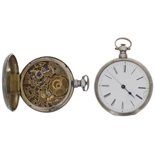 740 - White metal centre seconds duplex pocket watch made for the Chinese market, elaborately engraved sig... 