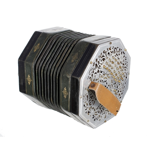 1581 - Anglo concertina designed, made by and stamped R. Carr, Maker, with sixty-two metal buttons on folia... 